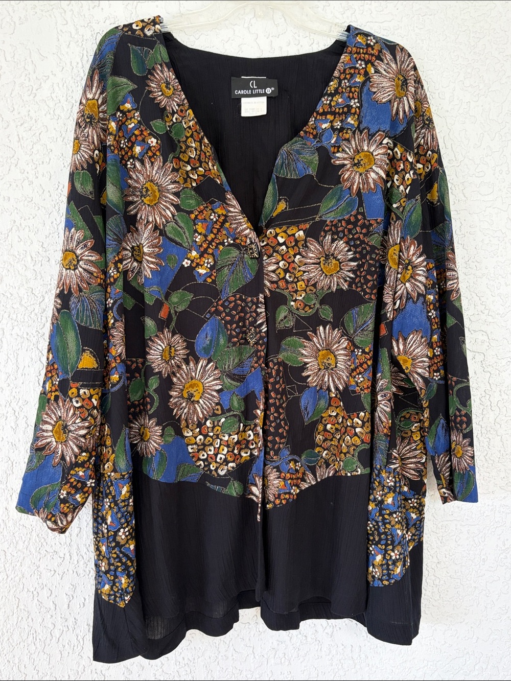 Carole Little Vintage Black Floral OpenFront Tunic Blue & Green Accents size 14